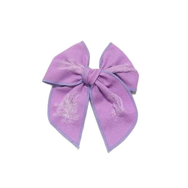 Distressed Lavender Linen Small Serged Edge Pre-Tied Fabric Bow
